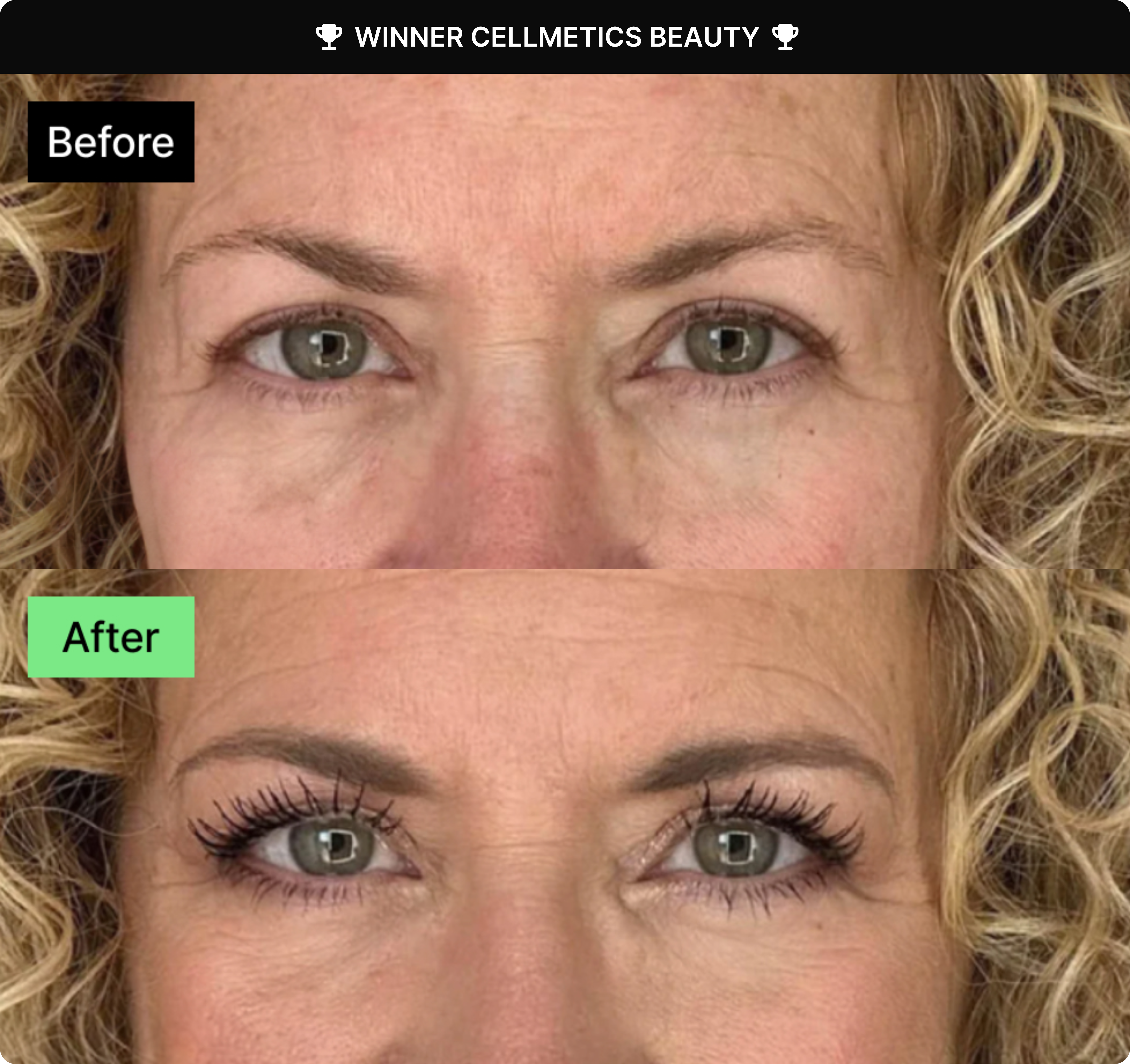 Before and after comparison: a woman's bare lashes, and the same lashes looking fuller and longer with Cellmetics Pro-Age Mascara applied