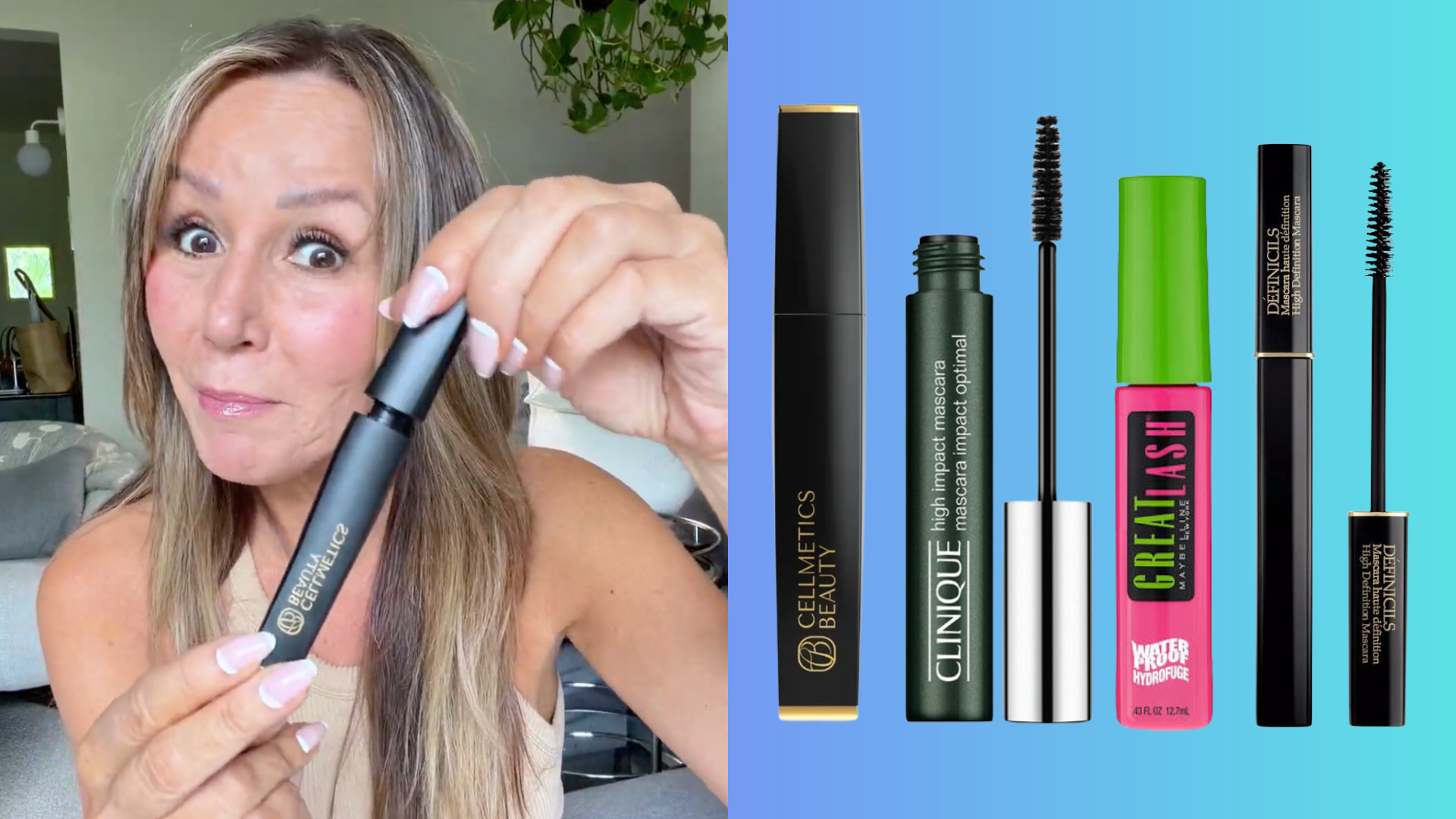 Woman in her 50s applying mascara to her upper lashes while looking in a handheld mirror